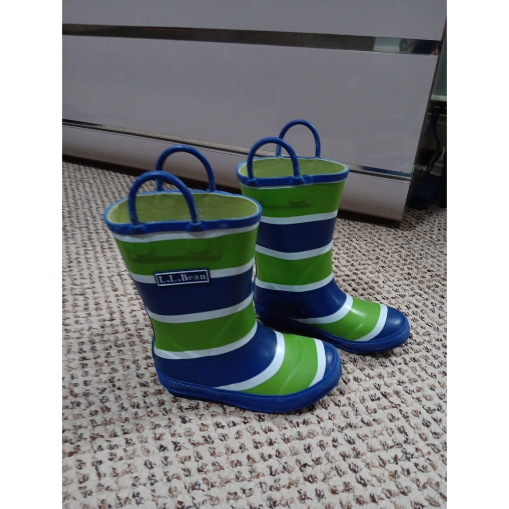 L.L. Bean Toddler Puddle Stompers Green And Blue Striped Rain Boots Size 9